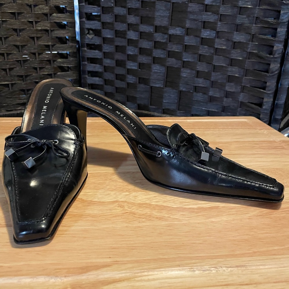 Antonio Melani Black 3” Mules Genuine Leather Size 10B